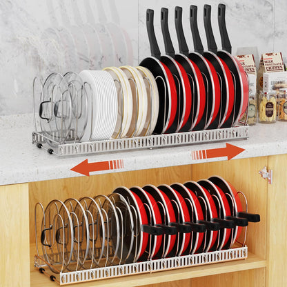 Pot and Pan Lid Organizer Holder Storage Rack, Black | 12"-23" Expandable, 14 Adjustable Dividers, Sturdy Metal Construction, Easy Assembly