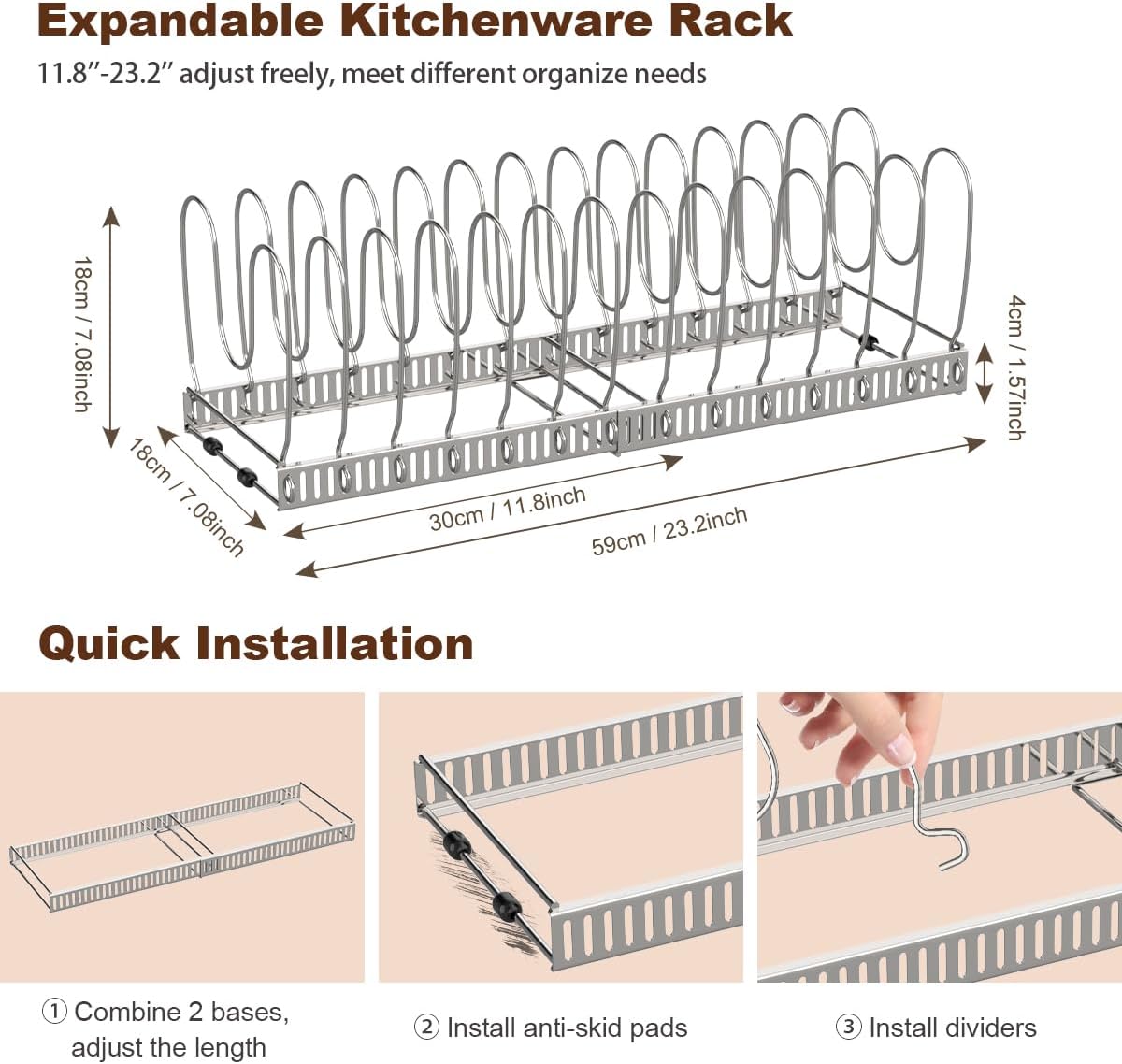 Pot and Pan Lid Organizer Holder Storage Rack, Black | 12"-23" Expandable, 14 Adjustable Dividers, Sturdy Metal Construction, Easy Assembly