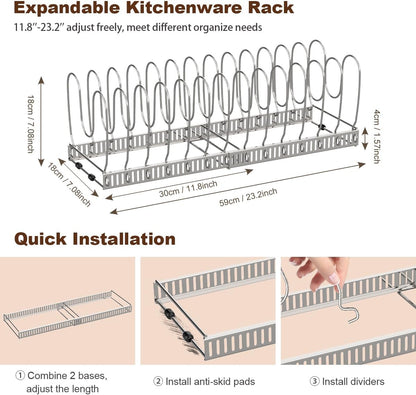 Pot and Pan Lid Organizer Holder Storage Rack, Black | 12"-23" Expandable, 14 Adjustable Dividers, Sturdy Metal Construction, Easy Assembly