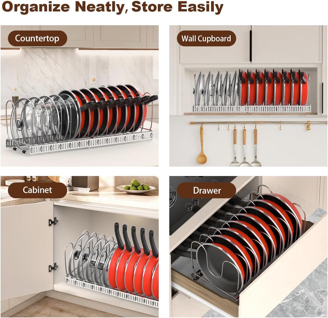 Pot and Pan Lid Organizer Holder Storage Rack, Black | 12"-23" Expandable, 14 Adjustable Dividers, Sturdy Metal Construction, Easy Assembly