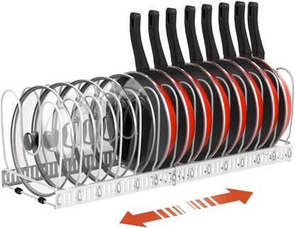 Pot and Pan Lid Organizer Holder Storage Rack, Black | 12"-23" Expandable, 14 Adjustable Dividers, Sturdy Metal Construction, Easy Assembly