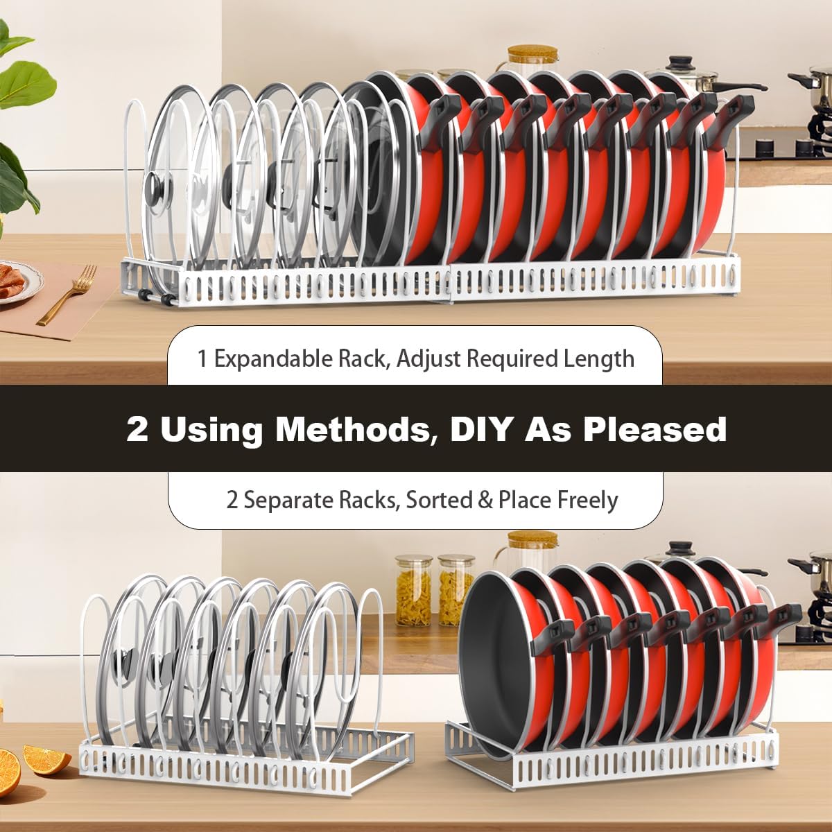 Pot and Pan Lid Organizer Holder Storage Rack, Black | 12"-23" Expandable, 14 Adjustable Dividers, Sturdy Metal Construction, Easy Assembly