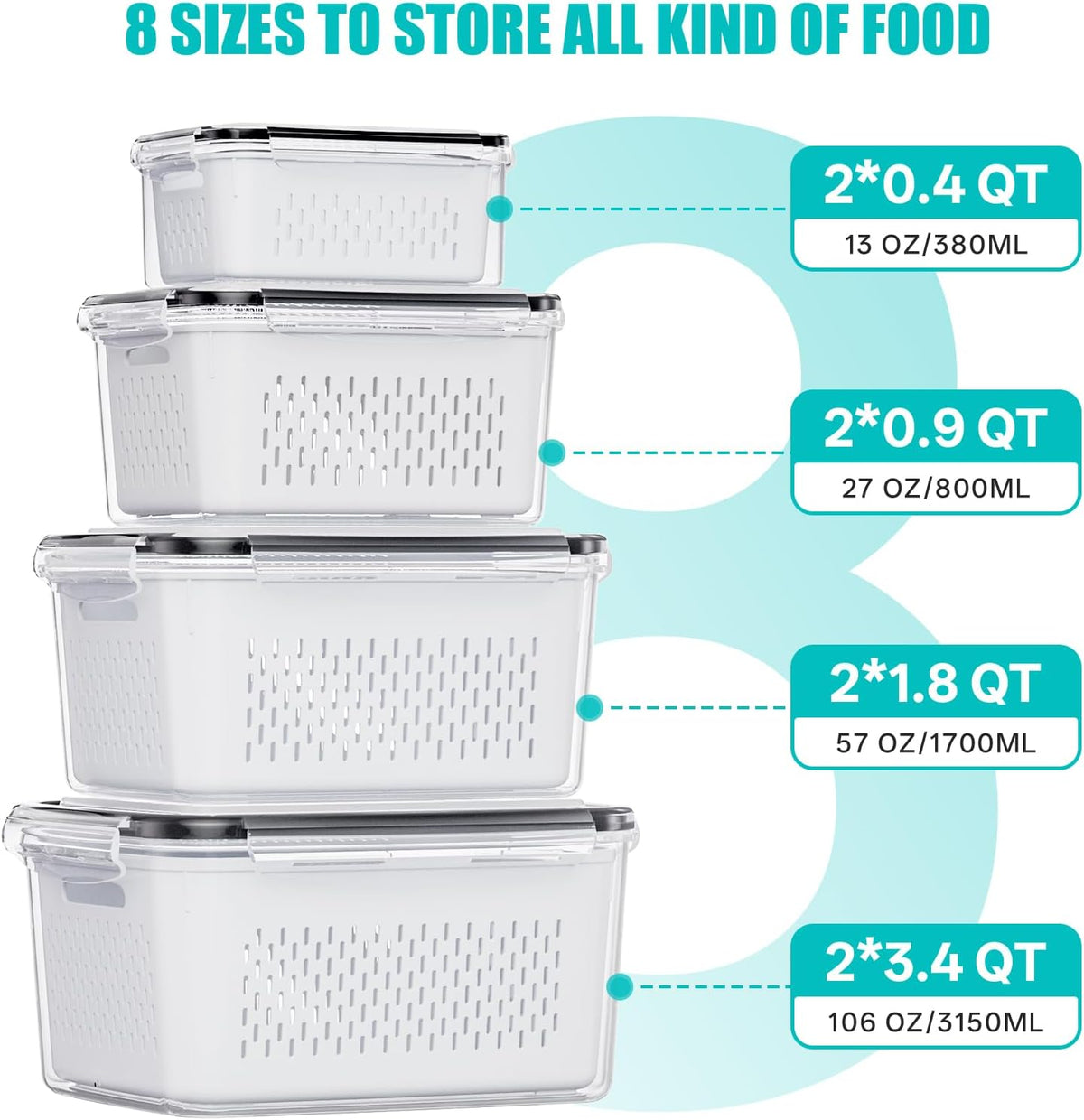 HOMETALL 8 Pack Fruit Storage Containers for Fridge with Strainer, BPA Free Fruit Cleaning Bowl Fridge Organizer, Plastic Fresh Keeper Set Refrigerator Organizer for Salad Berry Produce