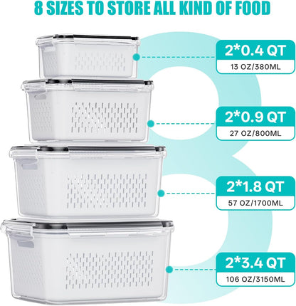 HOMETALL 8 Pack Fruit Storage Containers for Fridge with Strainer, BPA Free Fruit Cleaning Bowl Fridge Organizer, Plastic Fresh Keeper Set Refrigerator Organizer for Salad Berry Produce