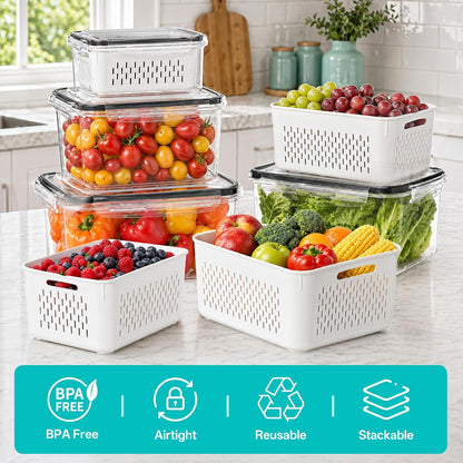 HOMETALL 8 Pack Fruit Storage Containers for Fridge with Strainer, BPA Free Fruit Cleaning Bowl Fridge Organizer, Plastic Fresh Keeper Set Refrigerator Organizer for Salad Berry Produce