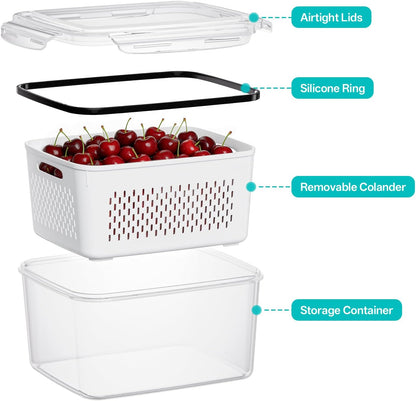 HOMETALL 8 Pack Fruit Storage Containers for Fridge with Strainer, BPA Free Fruit Cleaning Bowl Fridge Organizer, Plastic Fresh Keeper Set Refrigerator Organizer for Salad Berry Produce