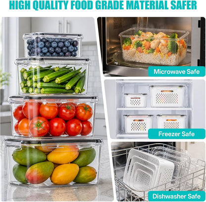HOMETALL 8 Pack Fruit Storage Containers for Fridge with Strainer, BPA Free Fruit Cleaning Bowl Fridge Organizer, Plastic Fresh Keeper Set Refrigerator Organizer for Salad Berry Produce