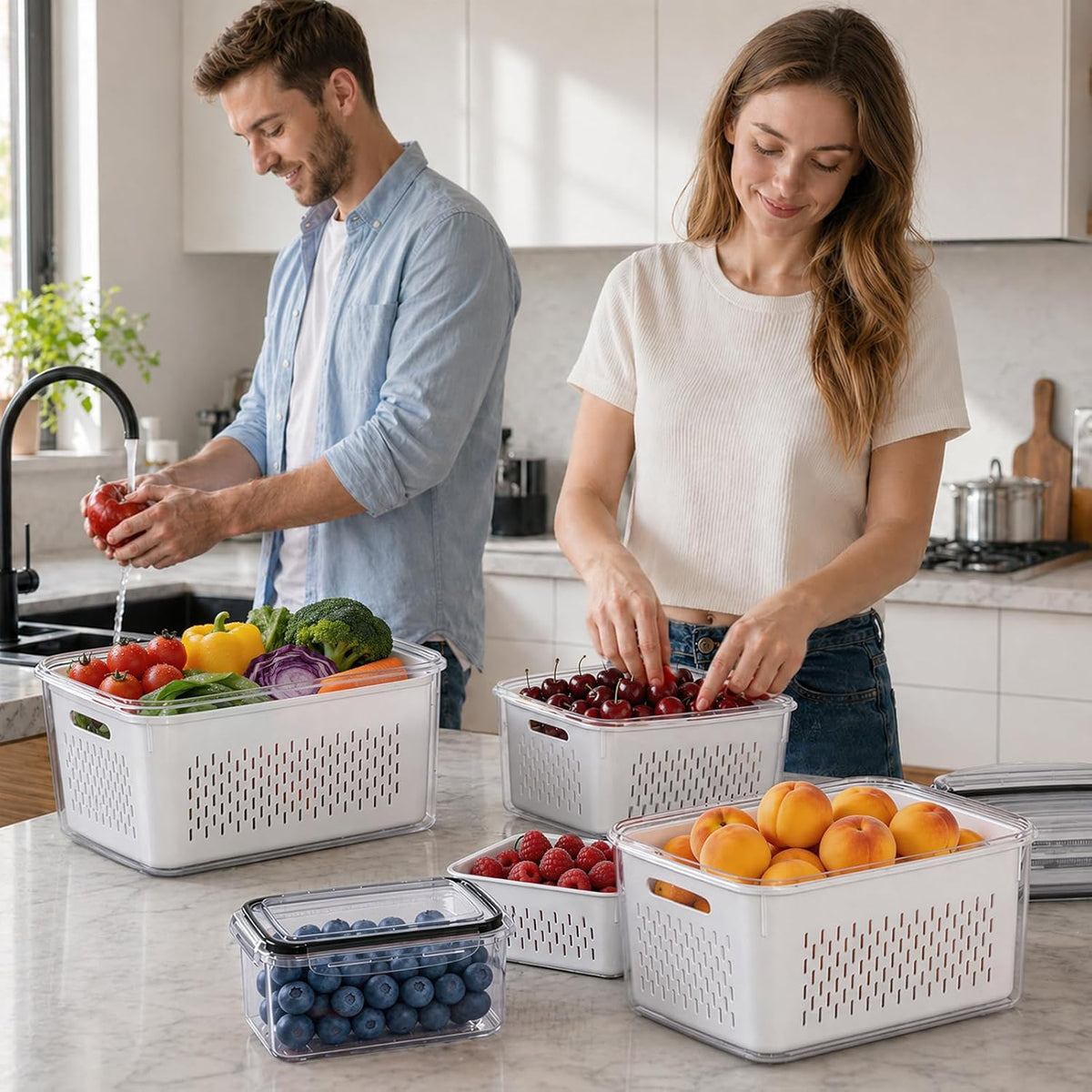HOMETALL 8 Pack Fruit Storage Containers for Fridge with Strainer, BPA Free Fruit Cleaning Bowl Fridge Organizer, Plastic Fresh Keeper Set Refrigerator Organizer for Salad Berry Produce