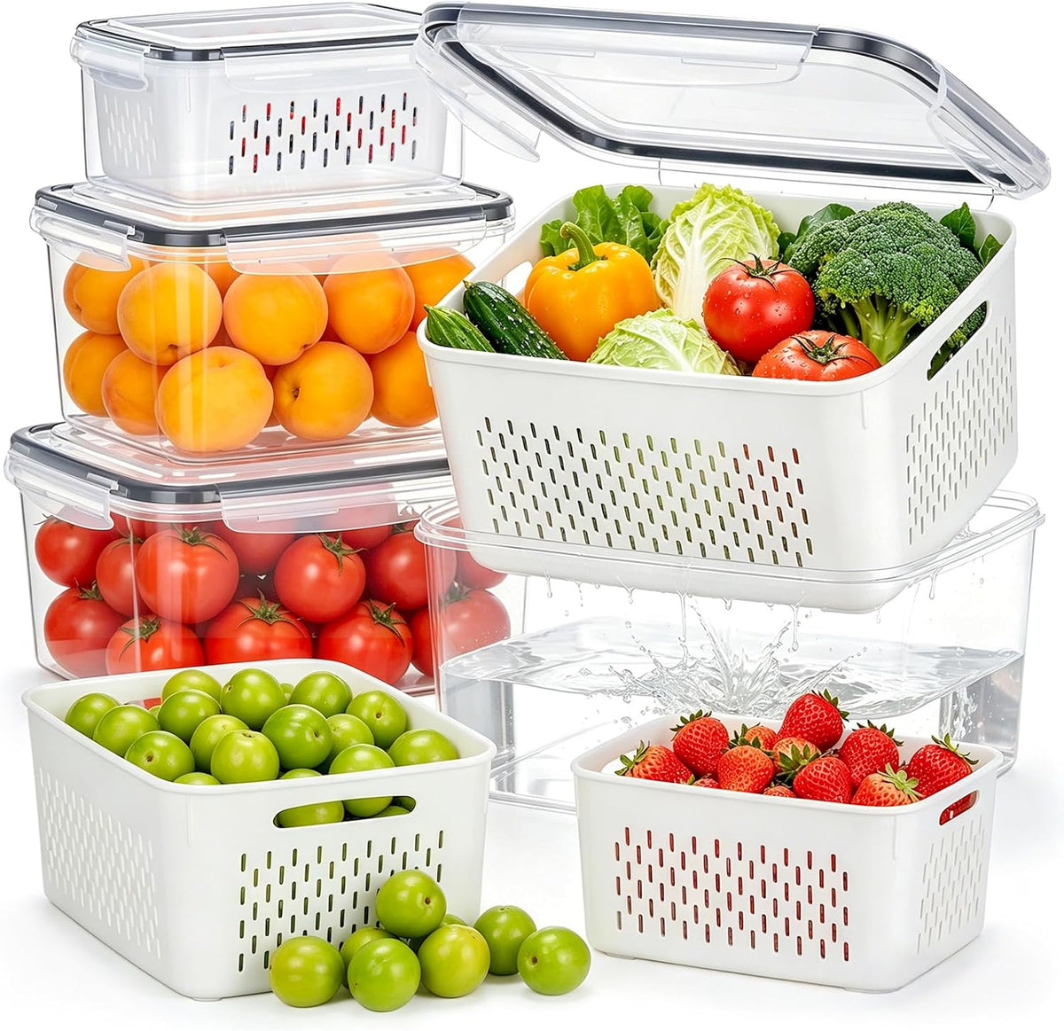 HOMETALL 8 Pack Fruit Storage Containers for Fridge with Strainer, BPA Free Fruit Cleaning Bowl Fridge Organizer, Plastic Fresh Keeper Set Refrigerator Organizer for Salad Berry Produce
