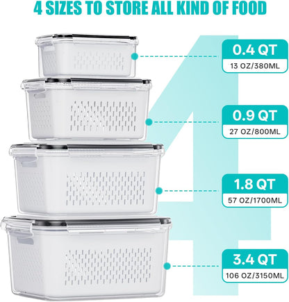 HOMETALL 8 Pack Fruit Storage Containers for Fridge with Strainer, BPA Free Fruit Cleaning Bowl Fridge Organizer, Plastic Fresh Keeper Set Refrigerator Organizer for Salad Berry Produce