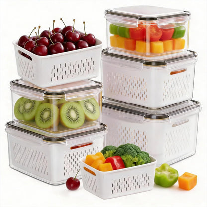 HOMETALL 8 Pack Fruit Storage Containers for Fridge with Strainer, BPA Free Fruit Cleaning Bowl Fridge Organizer, Plastic Fresh Keeper Set Refrigerator Organizer for Salad Berry Produce