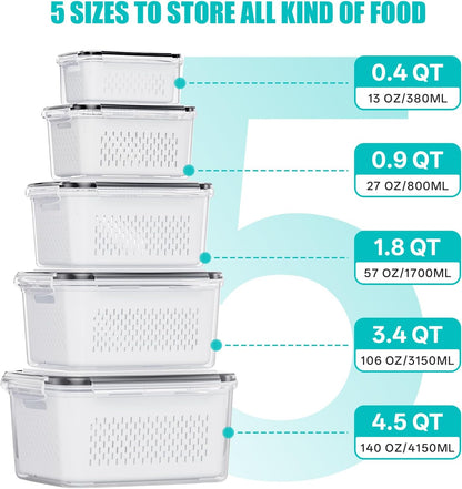 HOMETALL 8 Pack Fruit Storage Containers for Fridge with Strainer, BPA Free Fruit Cleaning Bowl Fridge Organizer, Plastic Fresh Keeper Set Refrigerator Organizer for Salad Berry Produce