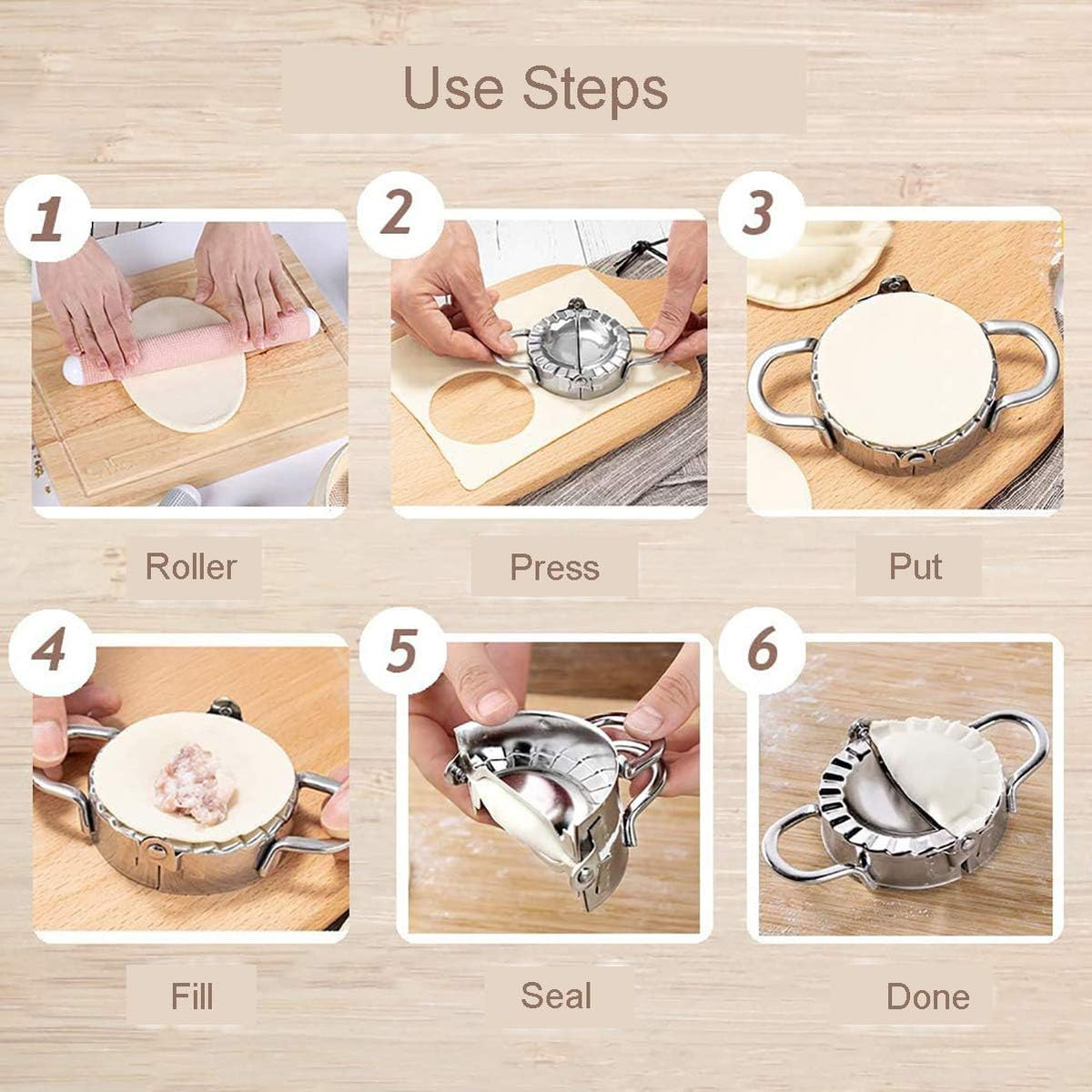 304 Stainless Steel Dumpling Maker, Dough Cutter | Empanada Press with Templates, For Pot Stickers, Ravioli, and More, Includes Dumpling Skin Cutter, Includes Press Pattern