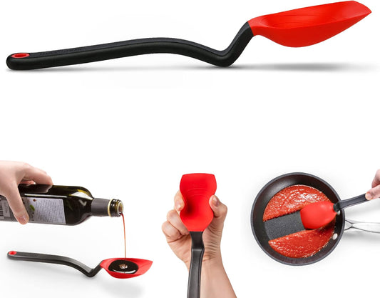 Supoon Non-Stick Sit-Up Silicone Scraping, Serving, Cooking Spoon Measures 5ml Tsp & 15ml Tbsp - 11" Red | Non-stick cookware safe, mess-free, sit up head with flat squeegee tip, heat-resistant, measures 5ml tsp and 15ml Tbsp, 11"