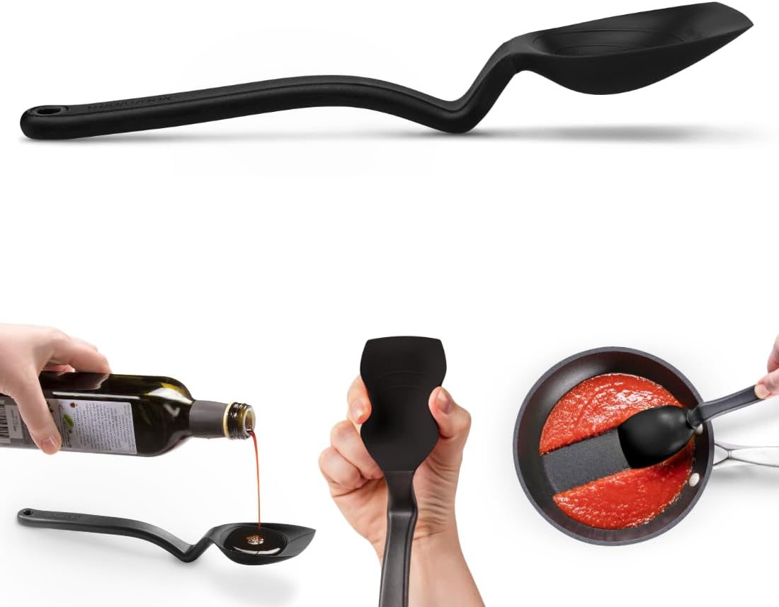 Supoon Non-Stick Sit-Up Silicone Scraping, Serving, Cooking Spoon Measures 5ml Tsp & 15ml Tbsp - 11" Red | Non-stick cookware safe, mess-free, sit up head with flat squeegee tip, heat-resistant, measures 5ml tsp and 15ml Tbsp, 11"