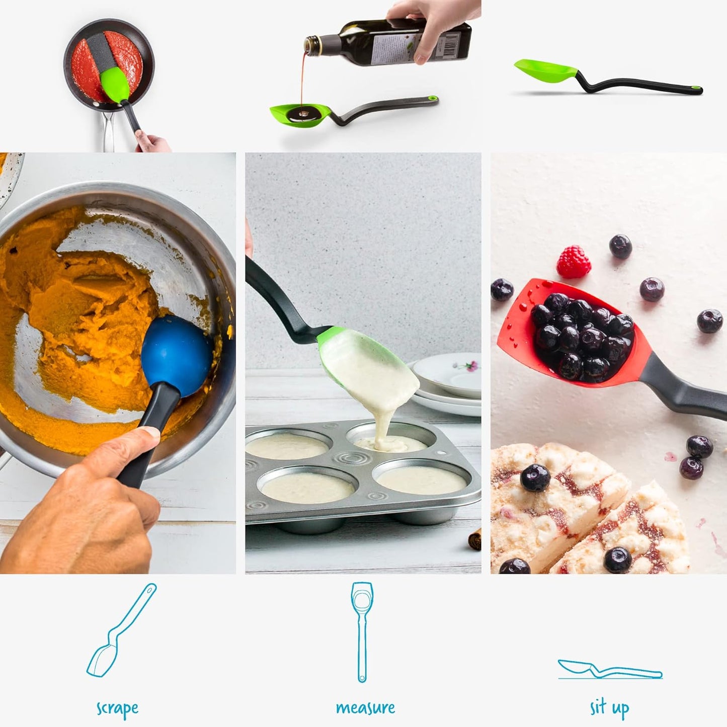Supoon Non-Stick Sit-Up Silicone Scraping, Serving, Cooking Spoon Measures 5ml Tsp & 15ml Tbsp - 11" Red | Non-stick cookware safe, mess-free, sit up head with flat squeegee tip, heat-resistant, measures 5ml tsp and 15ml Tbsp, 11"