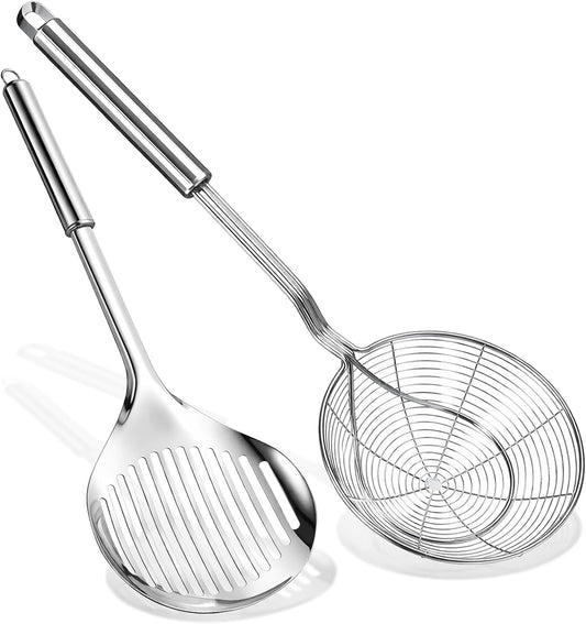 2Pcs Versatile Stainless Steel Spider Strainer Solid Kitchen Strainer Ladle with Long Handle, Kitchen Gadgets for Cooking and Frying, Ladle Spider Strainers Skimmer for Pasta, Noodle, Spaghetti
