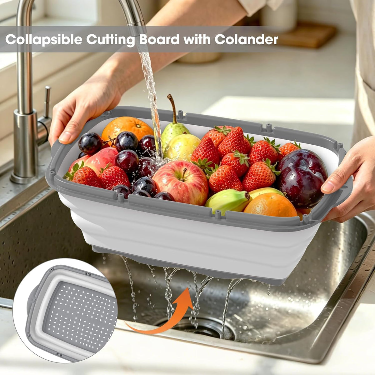 Camping Cutting Board, 9-in-1 Collapsible Chopping Board with Colander, Outdoor-Kitchen Vegetable Washing Basket for Campers, Camping Gifts Camping Accessories for RV Campers (Gray)