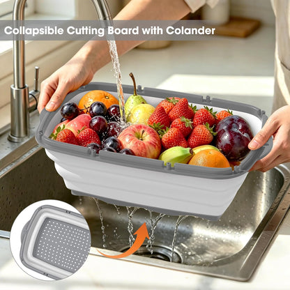Camping Cutting Board, 9-in-1 Collapsible Chopping Board with Colander, Outdoor-Kitchen Vegetable Washing Basket for Campers, Camping Gifts Camping Accessories for RV Campers (Gray)