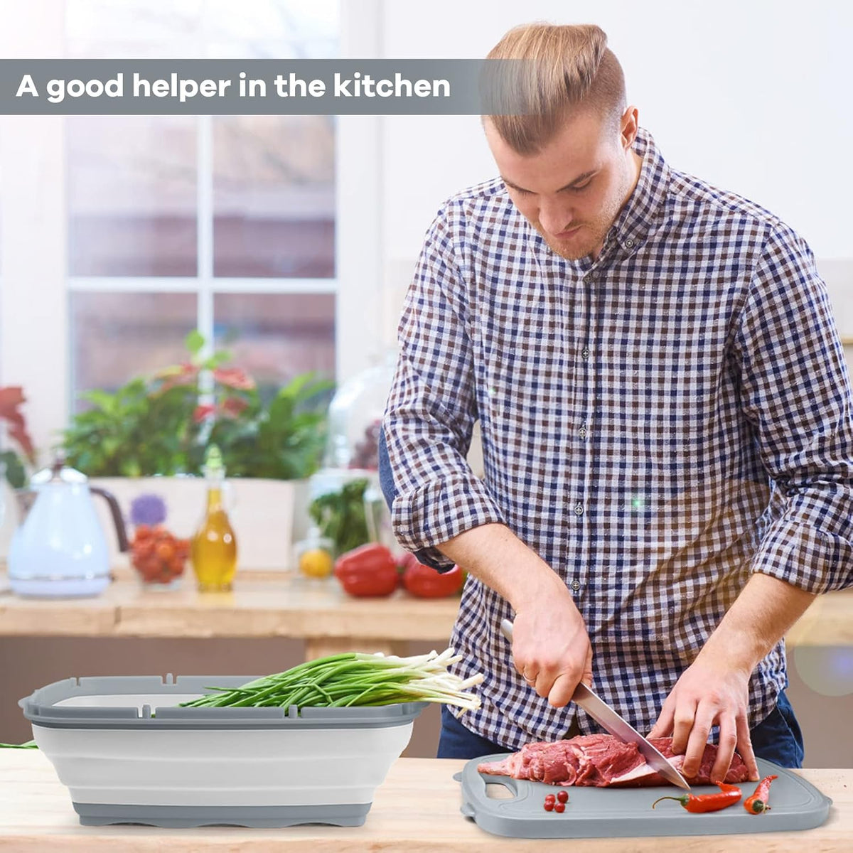 Camping Cutting Board, 9-in-1 Collapsible Chopping Board with Colander, Outdoor-Kitchen Vegetable Washing Basket for Campers, Camping Gifts Camping Accessories for RV Campers (Gray)