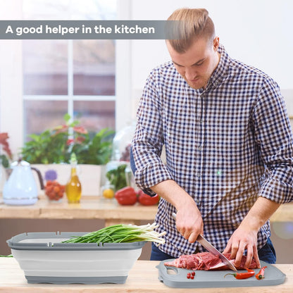 Camping Cutting Board, 9-in-1 Collapsible Chopping Board with Colander, Outdoor-Kitchen Vegetable Washing Basket for Campers, Camping Gifts Camping Accessories for RV Campers (Gray)