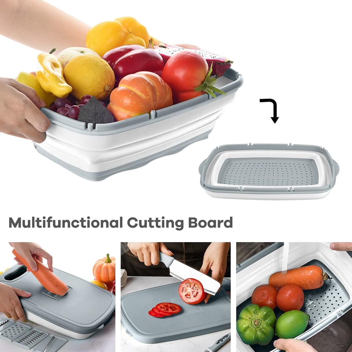 Camping Cutting Board, 9-in-1 Collapsible Chopping Board with Colander, Outdoor-Kitchen Vegetable Washing Basket for Campers, Camping Gifts Camping Accessories for RV Campers (Gray)