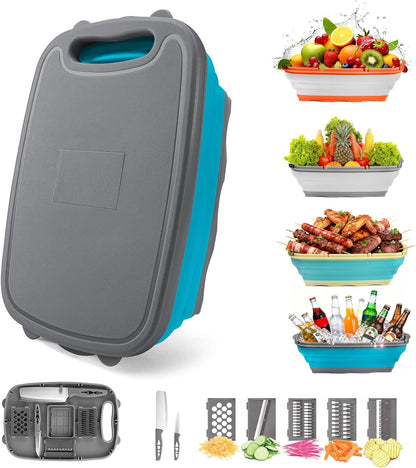 Camping Cutting Board, 9-in-1 Collapsible Chopping Board with Colander, Outdoor-Kitchen Vegetable Washing Basket for Campers, Camping Gifts Camping Accessories for RV Campers (Gray)