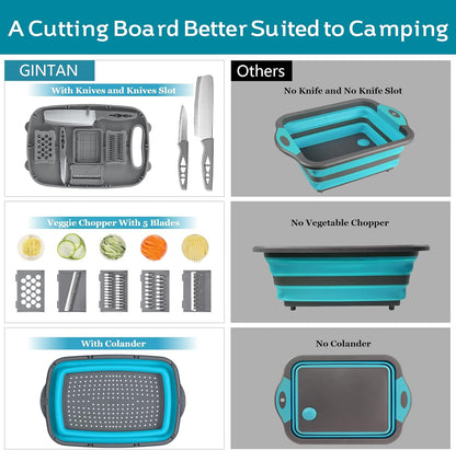 Camping Cutting Board, 9-in-1 Collapsible Chopping Board with Colander, Outdoor-Kitchen Vegetable Washing Basket for Campers, Camping Gifts Camping Accessories for RV Campers (Gray)