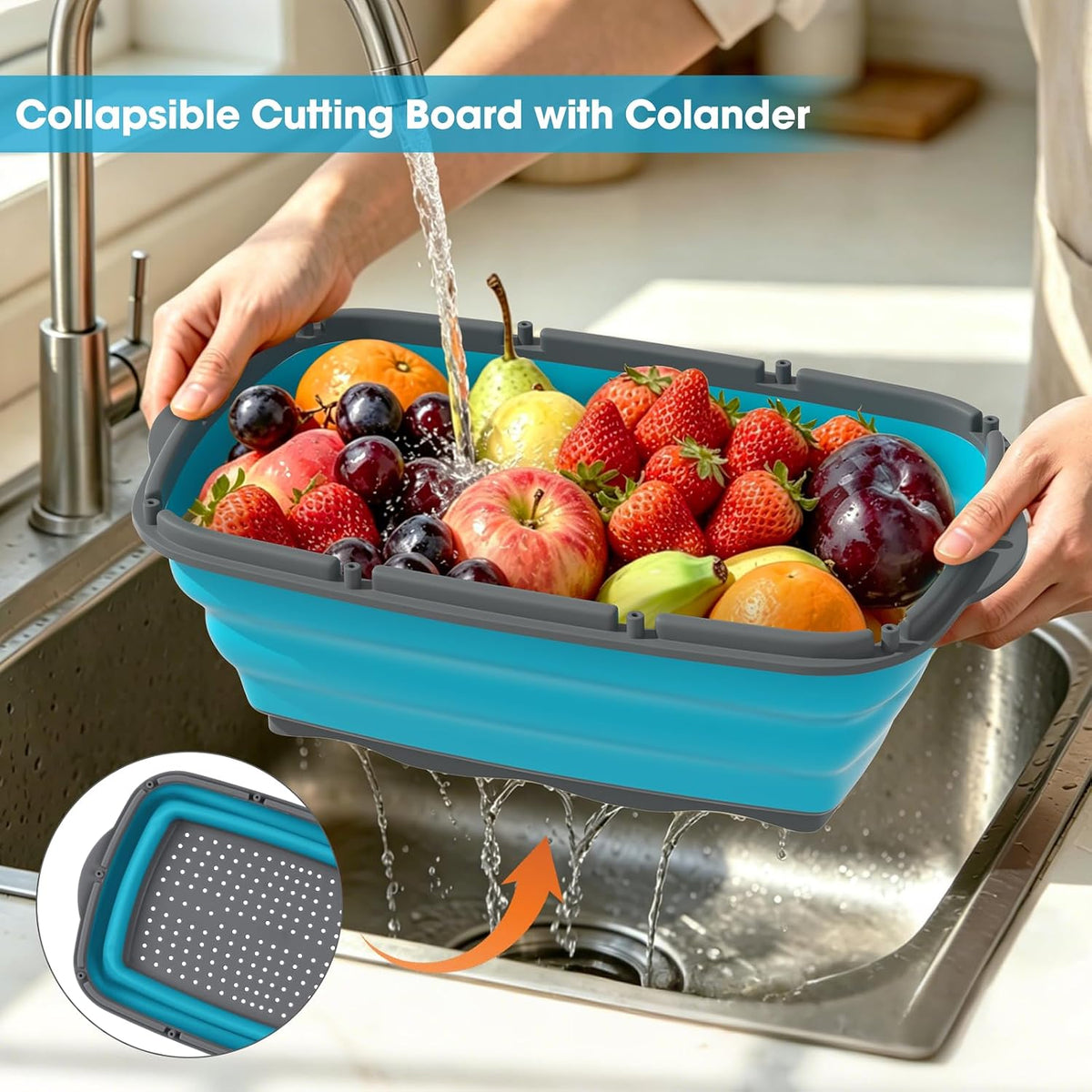 Camping Cutting Board, 9-in-1 Collapsible Chopping Board with Colander, Outdoor-Kitchen Vegetable Washing Basket for Campers, Camping Gifts Camping Accessories for RV Campers (Gray)