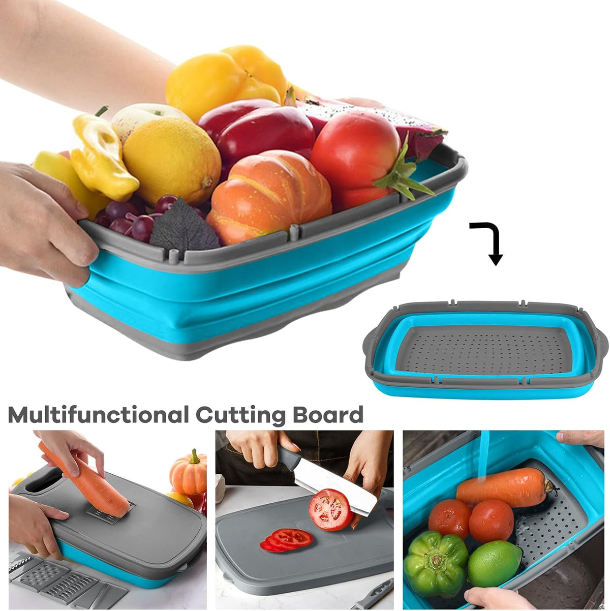 Camping Cutting Board, 9-in-1 Collapsible Chopping Board with Colander, Outdoor-Kitchen Vegetable Washing Basket for Campers, Camping Gifts Camping Accessories for RV Campers (Gray)