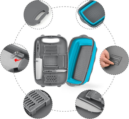 Camping Cutting Board, 9-in-1 Collapsible Chopping Board with Colander, Outdoor-Kitchen Vegetable Washing Basket for Campers, Camping Gifts Camping Accessories for RV Campers (Gray)