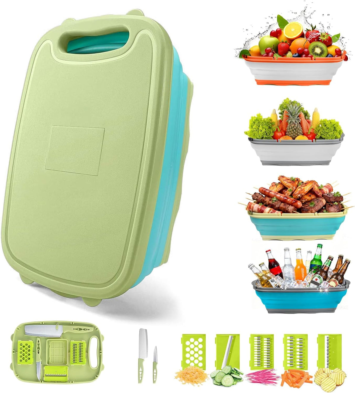 Camping Cutting Board, 9-in-1 Collapsible Chopping Board with Colander, Outdoor-Kitchen Vegetable Washing Basket for Campers, Camping Gifts Camping Accessories for RV Campers (Gray)