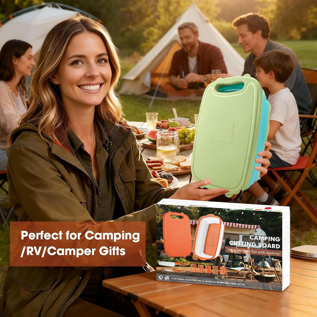 Camping Cutting Board, 9-in-1 Collapsible Chopping Board with Colander, Outdoor-Kitchen Vegetable Washing Basket for Campers, Camping Gifts Camping Accessories for RV Campers (Gray)