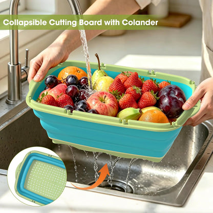 Camping Cutting Board, 9-in-1 Collapsible Chopping Board with Colander, Outdoor-Kitchen Vegetable Washing Basket for Campers, Camping Gifts Camping Accessories for RV Campers (Gray)