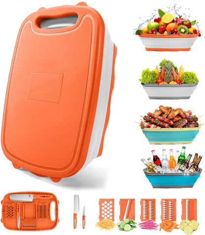 Camping Cutting Board, 9-in-1 Collapsible Chopping Board with Colander, Outdoor-Kitchen Vegetable Washing Basket for Campers, Camping Gifts Camping Accessories for RV Campers (Gray)