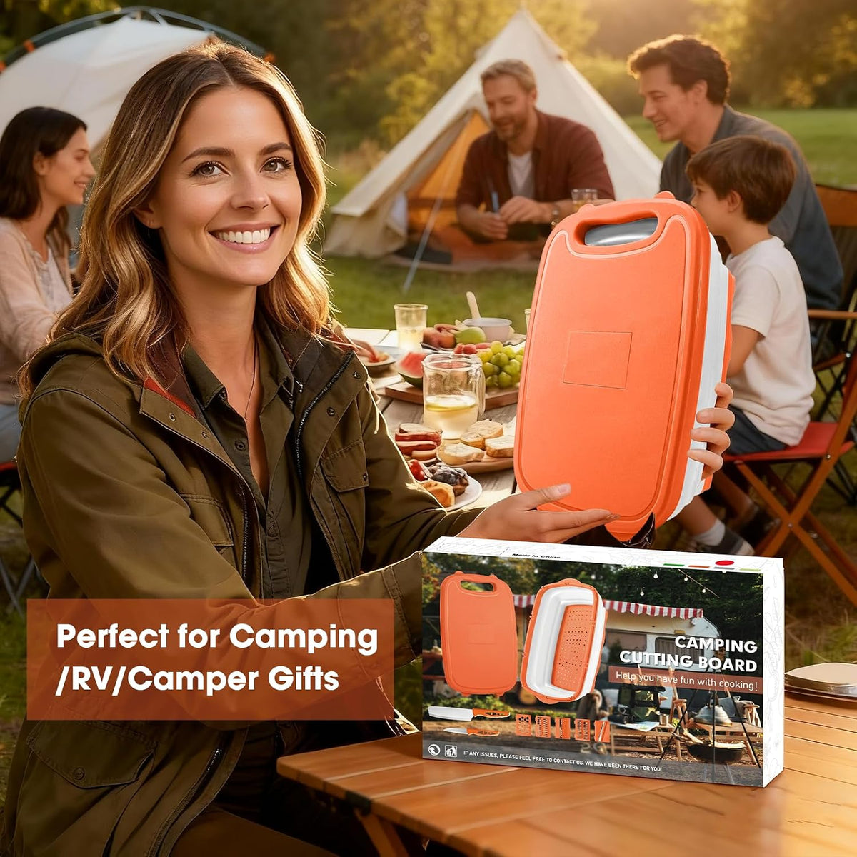 Camping Cutting Board, 9-in-1 Collapsible Chopping Board with Colander, Outdoor-Kitchen Vegetable Washing Basket for Campers, Camping Gifts Camping Accessories for RV Campers (Gray)