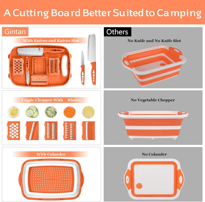 Camping Cutting Board, 9-in-1 Collapsible Chopping Board with Colander, Outdoor-Kitchen Vegetable Washing Basket for Campers, Camping Gifts Camping Accessories for RV Campers (Gray)