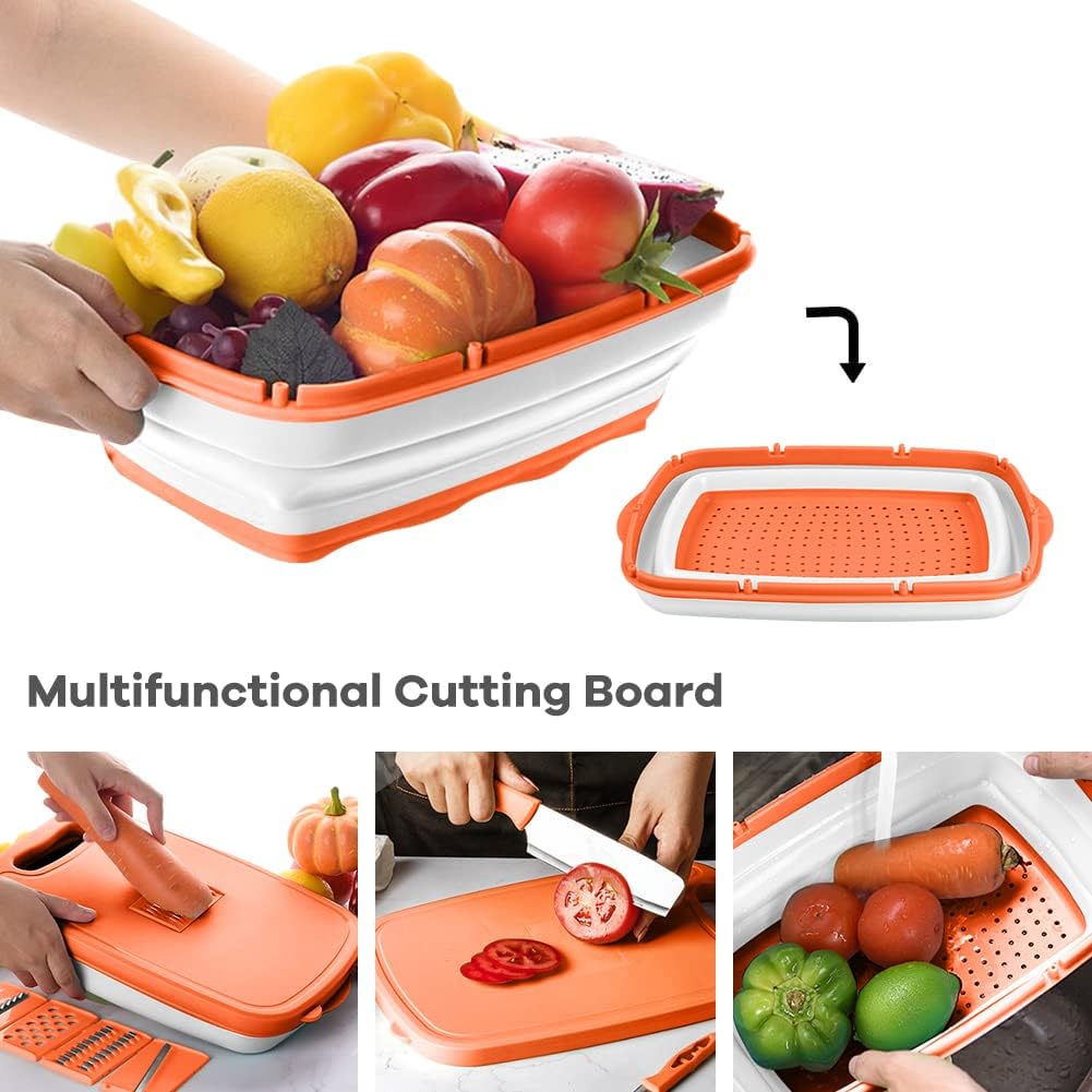 Camping Cutting Board, 9-in-1 Collapsible Chopping Board with Colander, Outdoor-Kitchen Vegetable Washing Basket for Campers, Camping Gifts Camping Accessories for RV Campers (Gray)