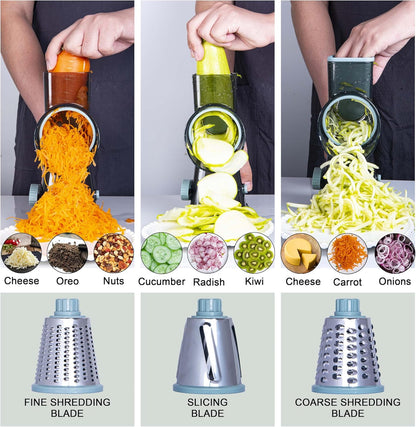 Rotary Cheese Grater Cheese Shredder, Cheese Grater Handheld with Strong Suction Base,Kitchen Vegetable Slicer 3 Replaceable Stainless Drum Blades for Fruit, Food, Nuts,Easy to Use Clean (Blue)