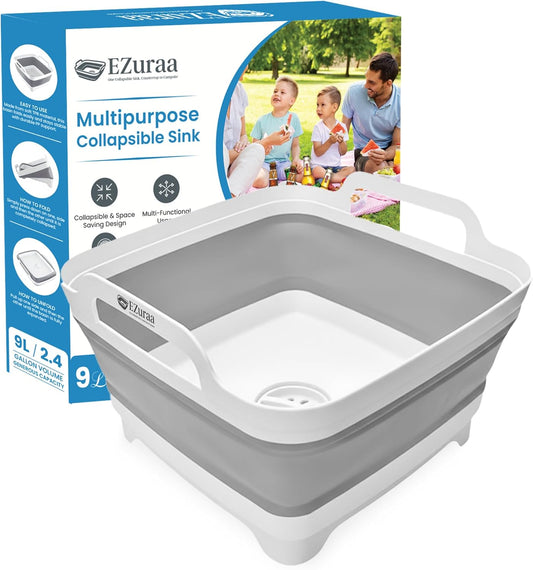 2.4 gal(9L) Gray Collapsible Dish Basin, Portable Sink or Dish Pan for Kitchen Sink with Drain Plug/Strainer, Space Saving Baby Bottle Wash Basin Collapsible Bucket, Beverage Tub for Camping