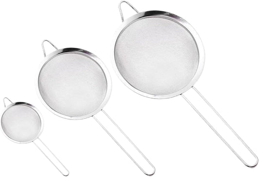 3Pcs Stainless Steel Fine Mesh Strainer Set (Small/Medium/Large) – Metal Sieve Sifter with Handle, Ideal for Rice/Juice/Quinoa/Flour, Kitchen Baking & Straining Tools