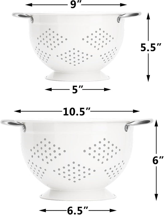 Powder Coated Steel Colanders: 3 Quart and 5 Quart Set of 2 - White