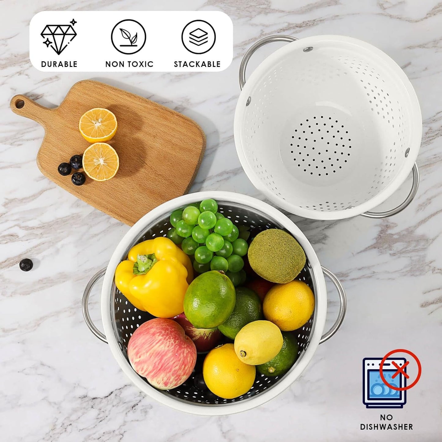 Powder Coated Steel Colanders: 3 Quart and 5 Quart Set of 2 - White