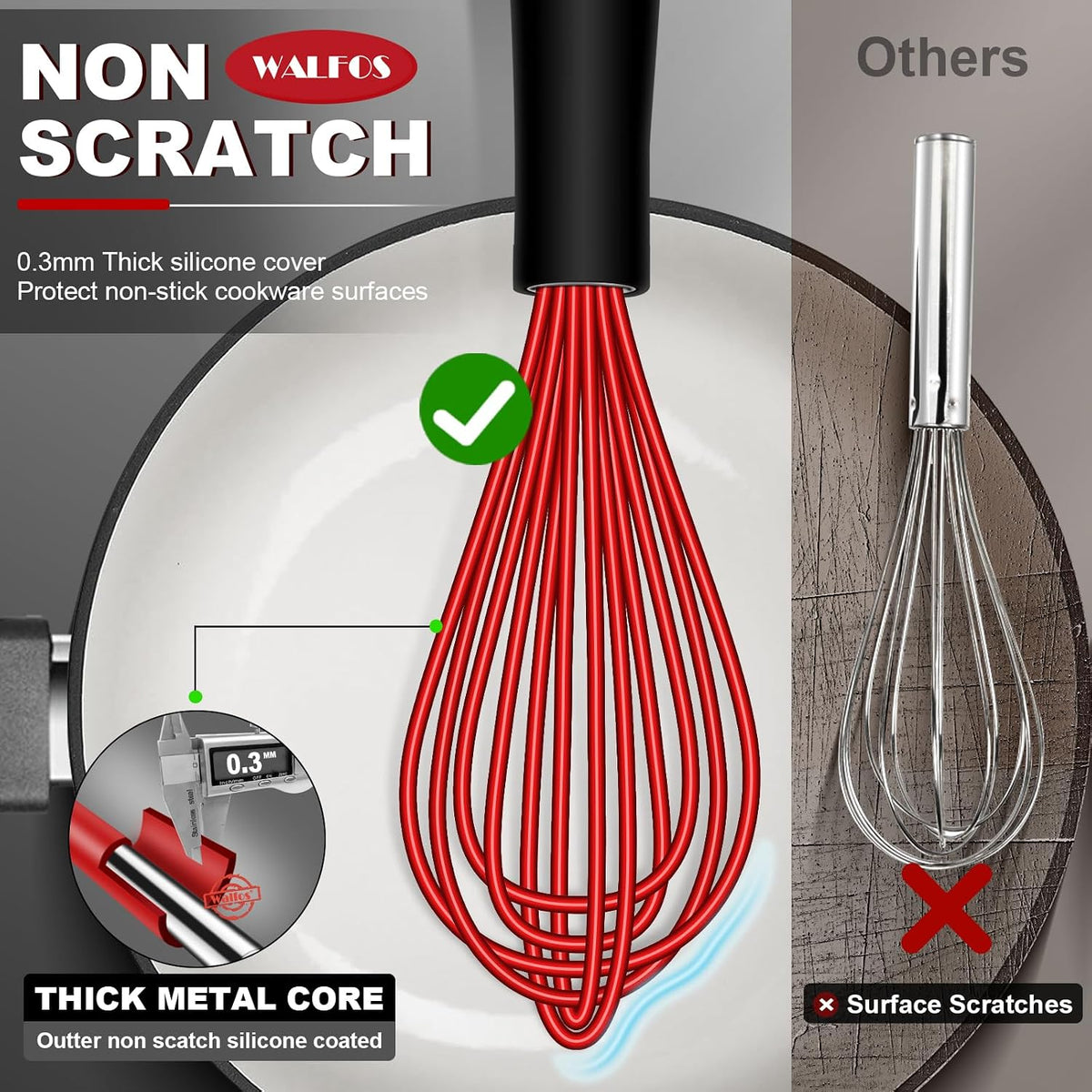 Whisk, Silicone Whisk Heat Resistant (480°F) Kitchen Whisks Set of 4- Professional Whisks For Cooking Non Scratch, Balloon Egg Whisk Perfect for Frothing, Blending, Beating