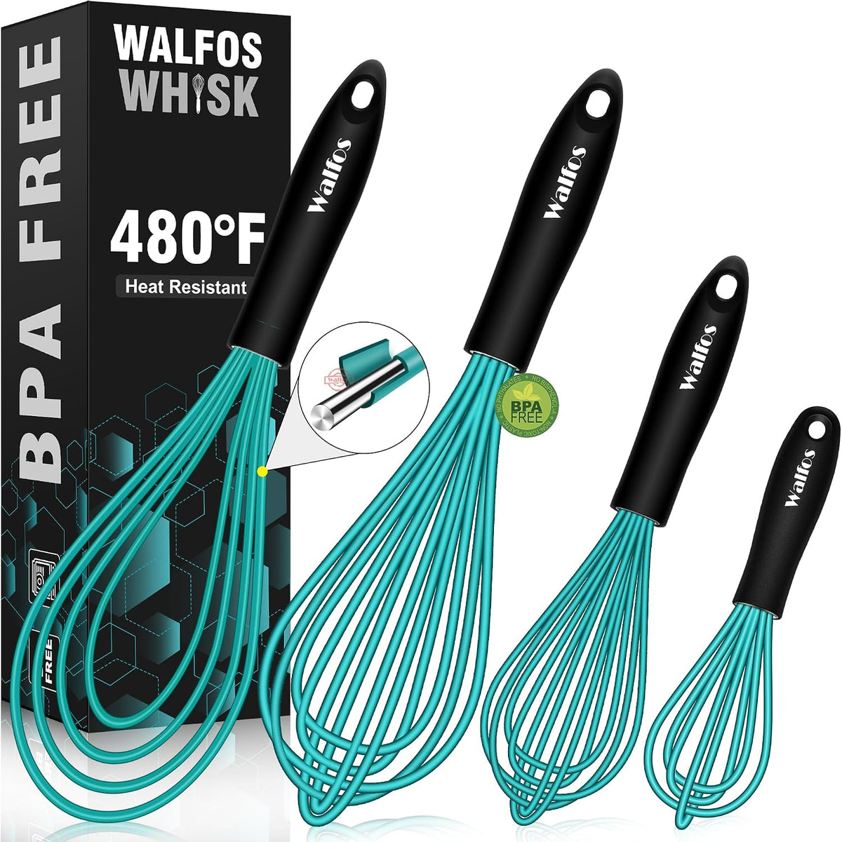 Whisk, Silicone Whisk Heat Resistant (480°F) Kitchen Whisks Set of 4- Professional Whisks For Cooking Non Scratch, Balloon Egg Whisk Perfect for Frothing, Blending, Beating