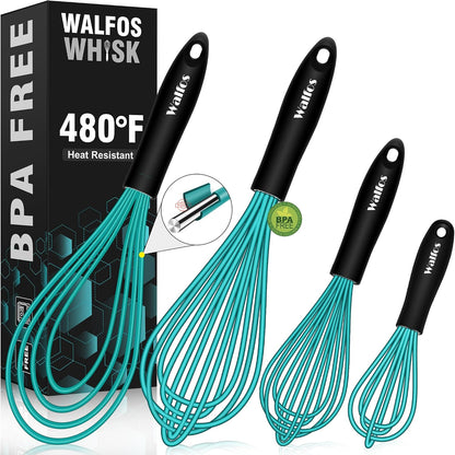 Whisk, Silicone Whisk Heat Resistant (480°F) Kitchen Whisks Set of 4- Professional Whisks For Cooking Non Scratch, Balloon Egg Whisk Perfect for Frothing, Blending, Beating