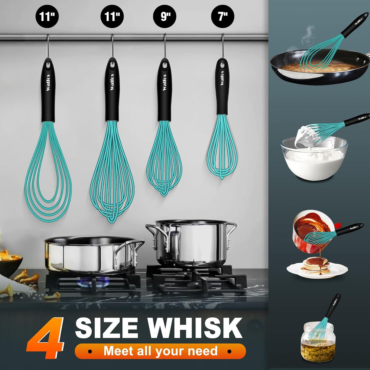Whisk, Silicone Whisk Heat Resistant (480°F) Kitchen Whisks Set of 4- Professional Whisks For Cooking Non Scratch, Balloon Egg Whisk Perfect for Frothing, Blending, Beating