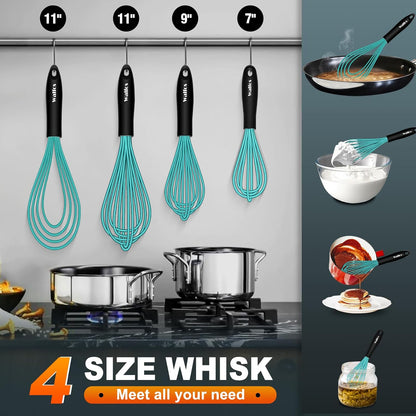 Whisk, Silicone Whisk Heat Resistant (480°F) Kitchen Whisks Set of 4- Professional Whisks For Cooking Non Scratch, Balloon Egg Whisk Perfect for Frothing, Blending, Beating