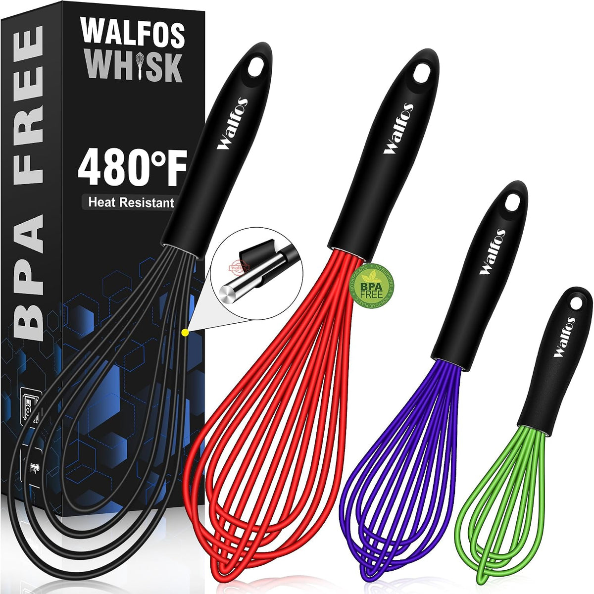 Whisk, Silicone Whisk Heat Resistant (480°F) Kitchen Whisks Set of 4- Professional Whisks For Cooking Non Scratch, Balloon Egg Whisk Perfect for Frothing, Blending, Beating
