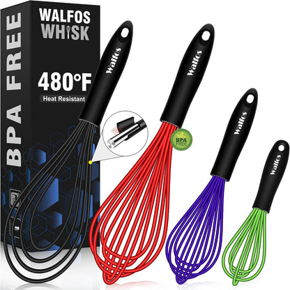 Whisk, Silicone Whisk Heat Resistant (480°F) Kitchen Whisks Set of 4- Professional Whisks For Cooking Non Scratch, Balloon Egg Whisk Perfect for Frothing, Blending, Beating